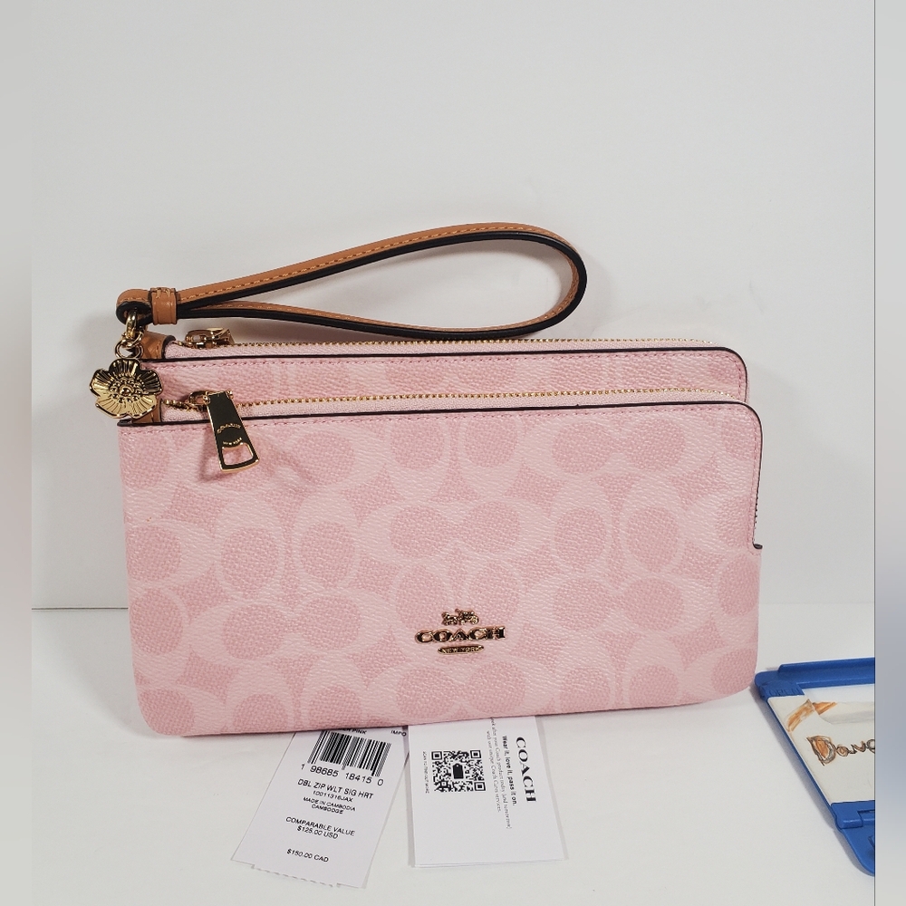 Coach Double Zip Wristlet In Signature Canvas With Charms NWT - Picture 5 of 7